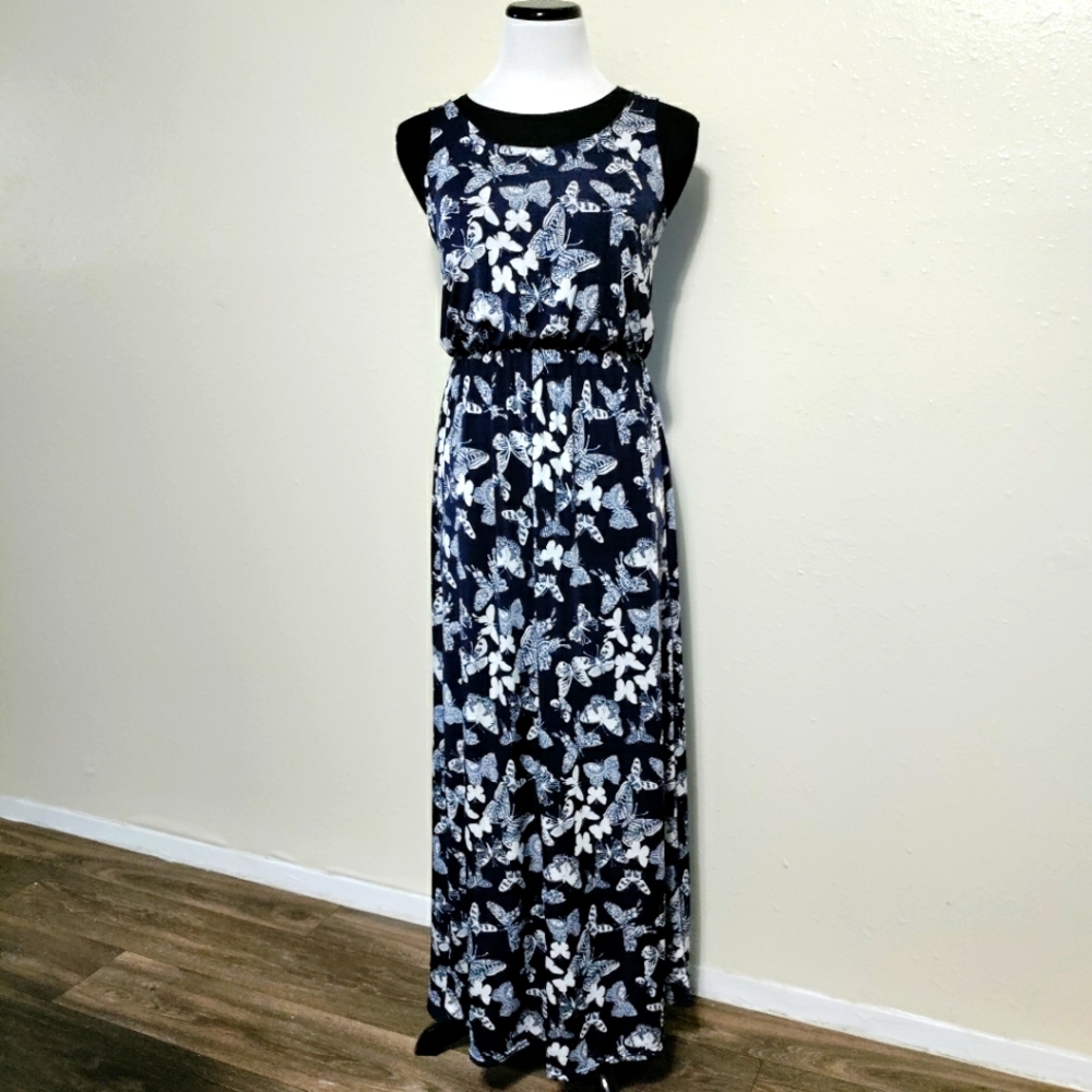 Sleeveless Navy and White Butterfly Maxi Dress with Empire Waist
